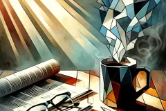 DALL·E-2024-02-18-20.47.40-Depict-Morning-Ritual-in-hip-hop-cubism-style-illustrating-the-simplicity-and-quiet-of-the-morning-routine-with-a-steaming-mug-of-coffee-a-folded-